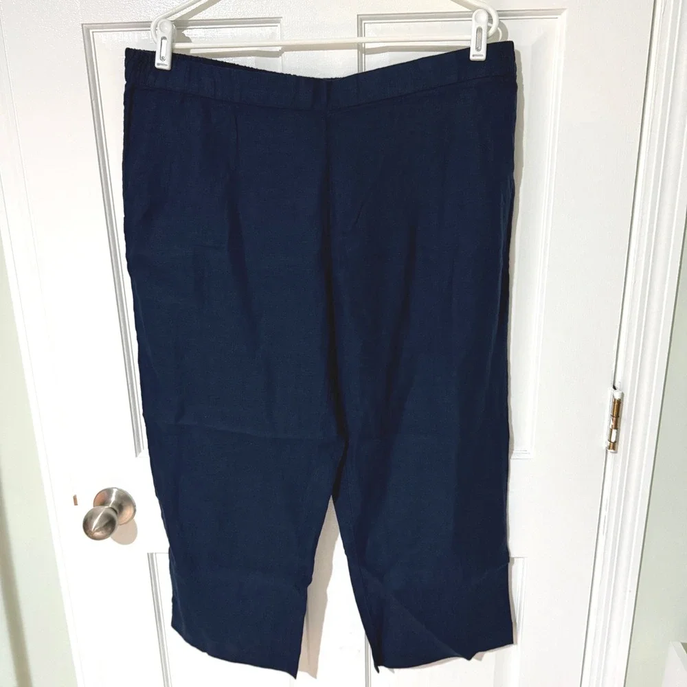 Charter Club Luxury Navy Blue Linen Pants Womens XL Cropped Elastic Waist New